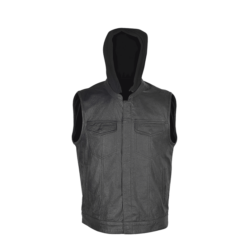 VL914H Zipper and Snap Closure Leather Motorcycle Club Vest with Hoodie and  2 Gun Pockets